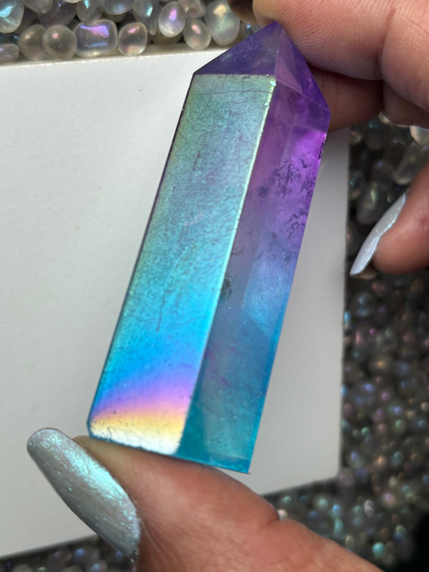Purple & Aqua Blue Hybrid Aura Quartz Crystal Gemstone Tower Point (1)