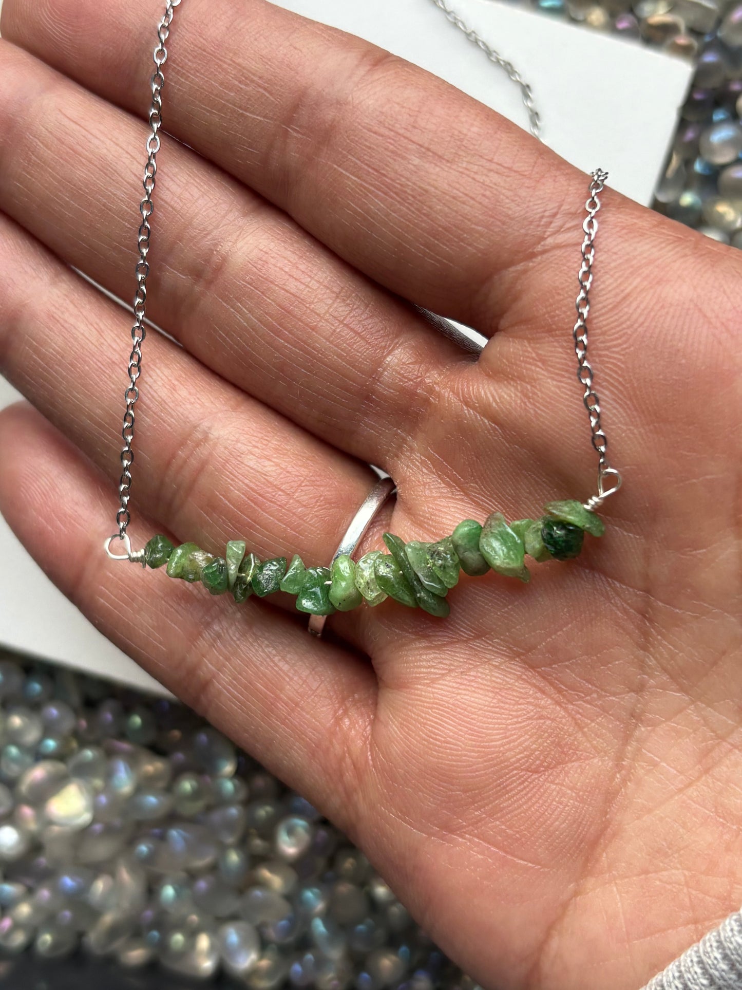 Tsavorite Green Garnet Rough Crystal Gemstone Chip Bar Necklace (Certified)