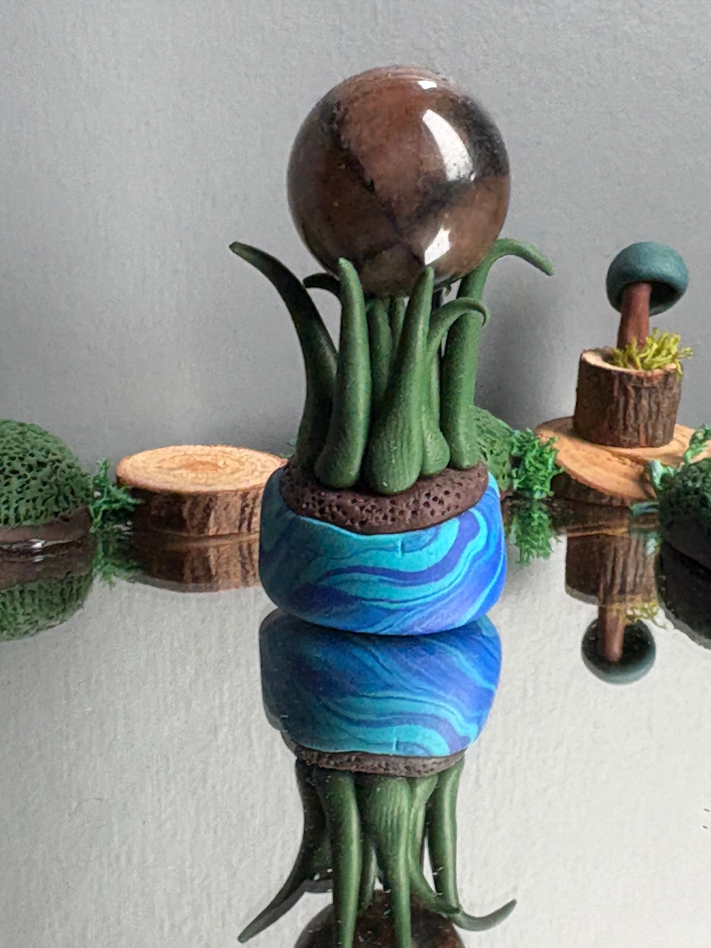 Grassy Potted Plant Clay Sphere Mini Holder - Blue (1)