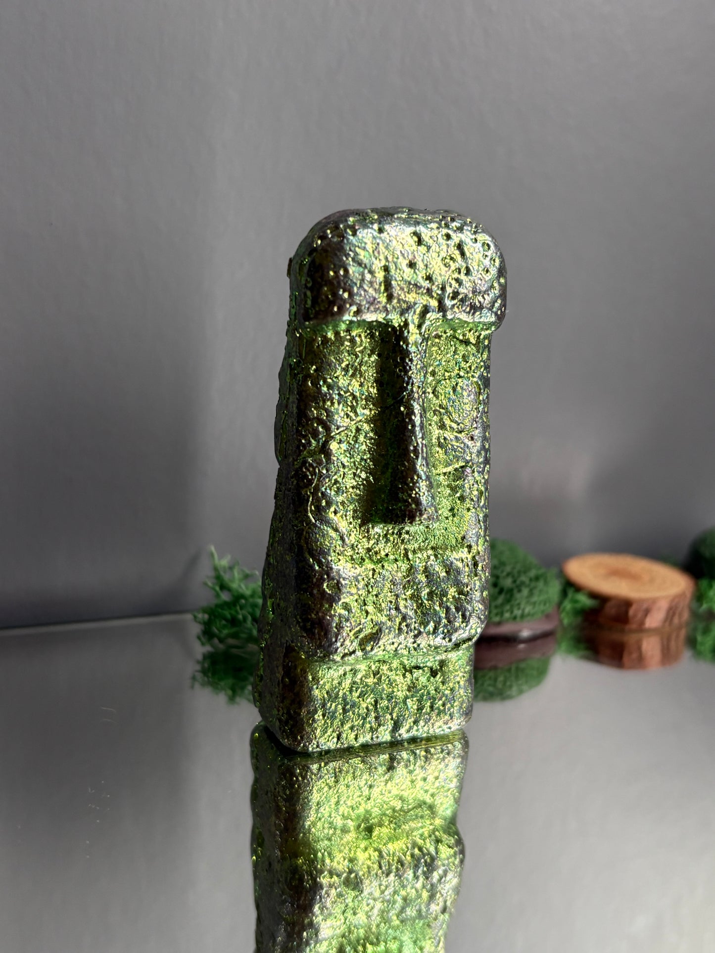Green Bismuth Crystal Moai Head Easter Island Metal Art Sculpture
