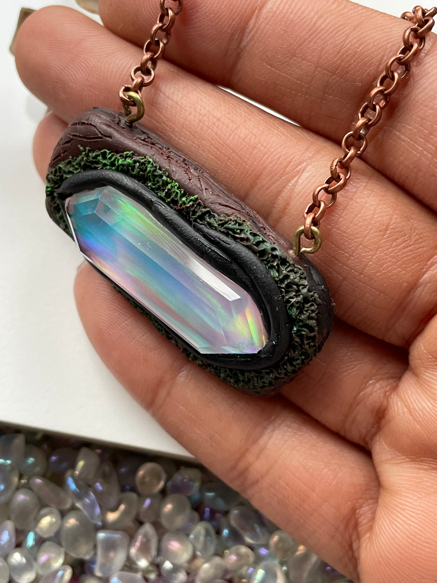 Elongated Aurora Opal Doublet Crystal Gemstone - Enchanted Forest Necklace