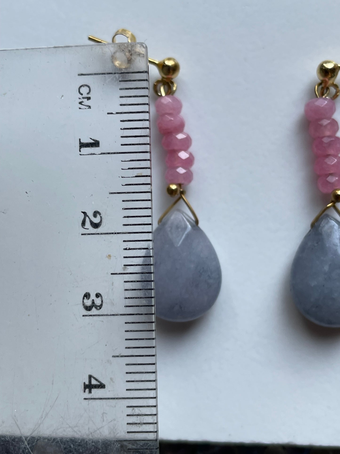 Pink & Grey Quartzite Crystal Gemstone Teardrop linear Gold Earrings (Certified)