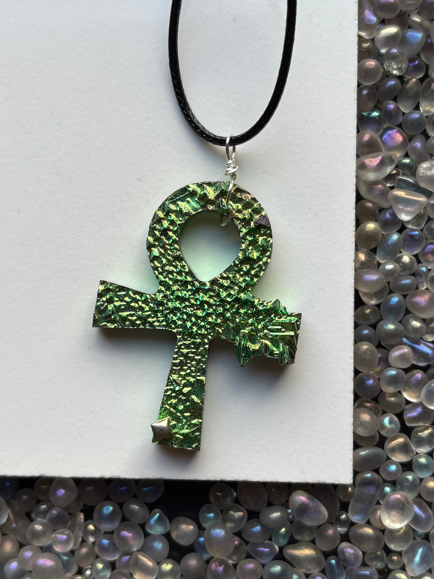 Green Bismuth Crystal Metal Art Necklace - Ankh
