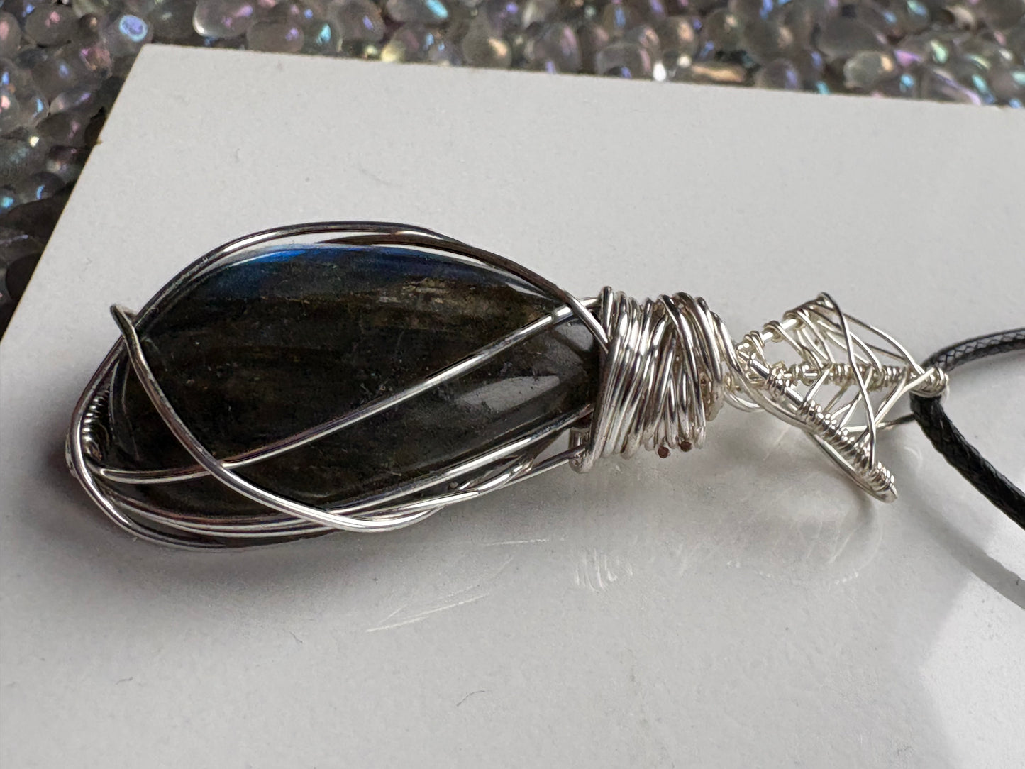 Blue Labradorite Crystal Gemstone Silver Wire Necklace