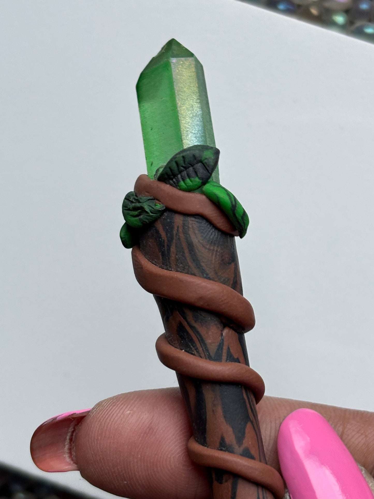 Apple Aura Quartz Crystal Gemstone Wooden Leaf Clay Wand