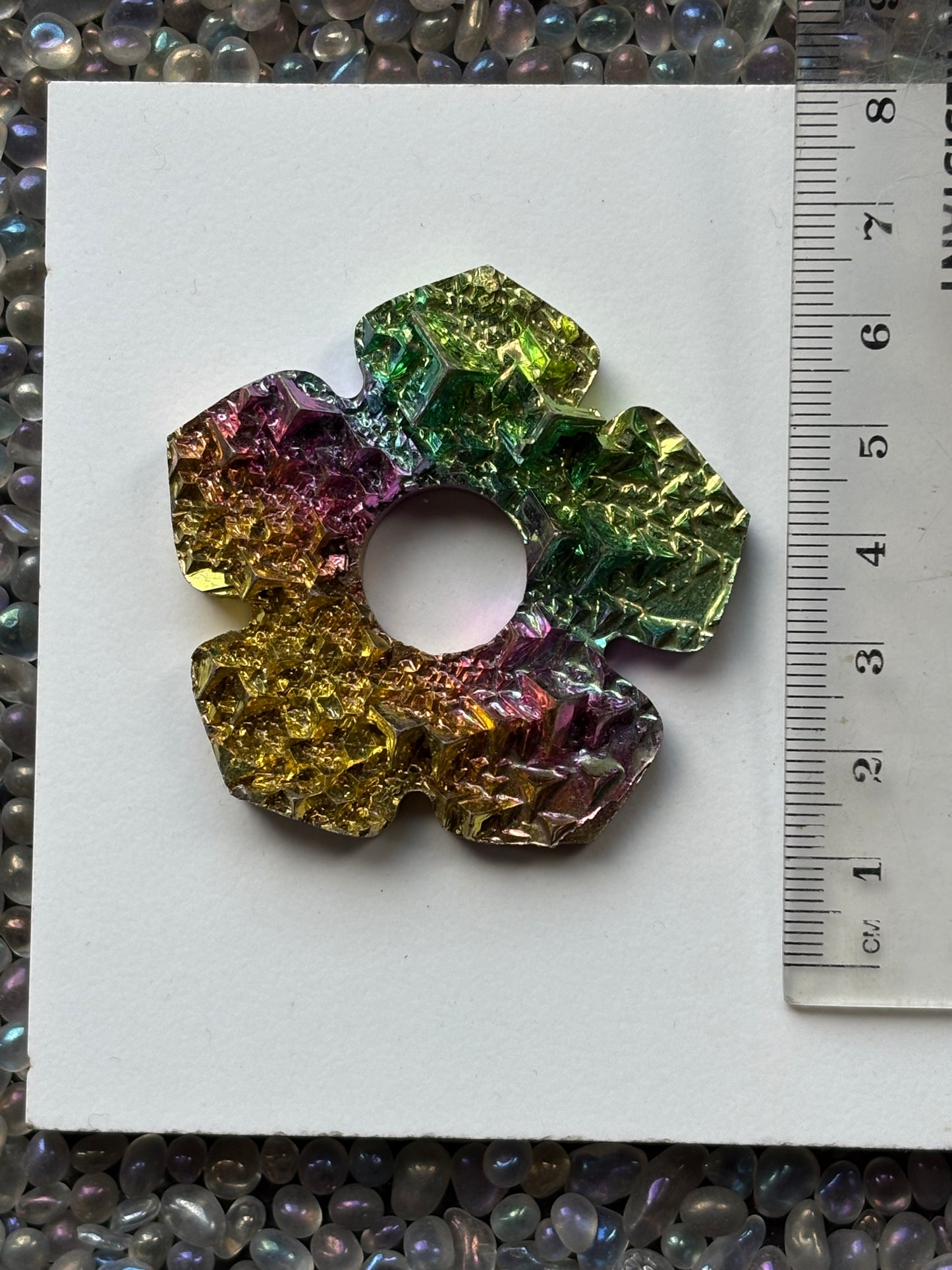 Rainbow Bismuth Crystal Hippie Flower Slice Cut Out Sphere Holder