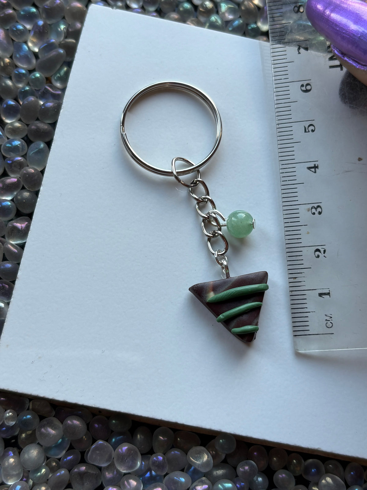 Chocolate Candy Triangle Clay & Green Aventurine Crystal Gemstone Keychain