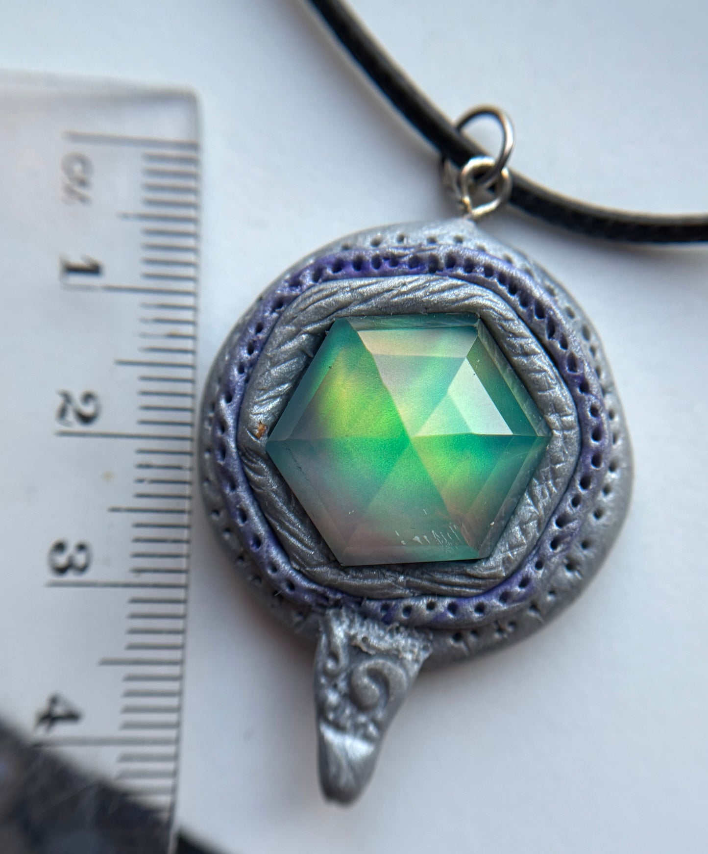 Aurora Opal Doublet Crystal Gemstone - Silver Lilac Hexagonal Dome - Necklace