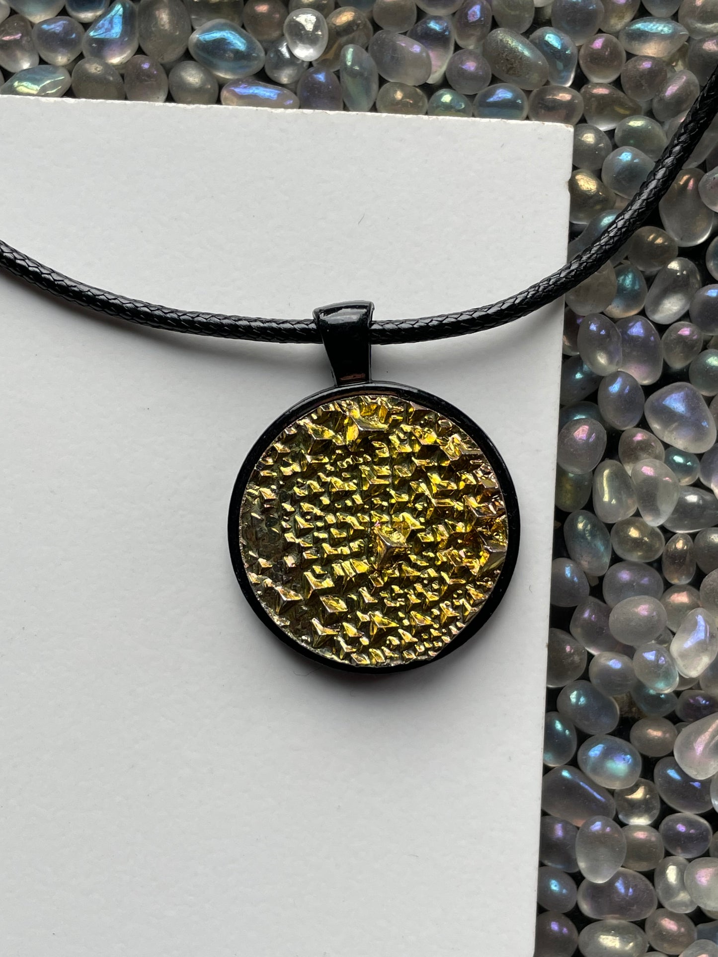 Gold Bismuth Crystal Metal Art Cord Necklace CIRCLE