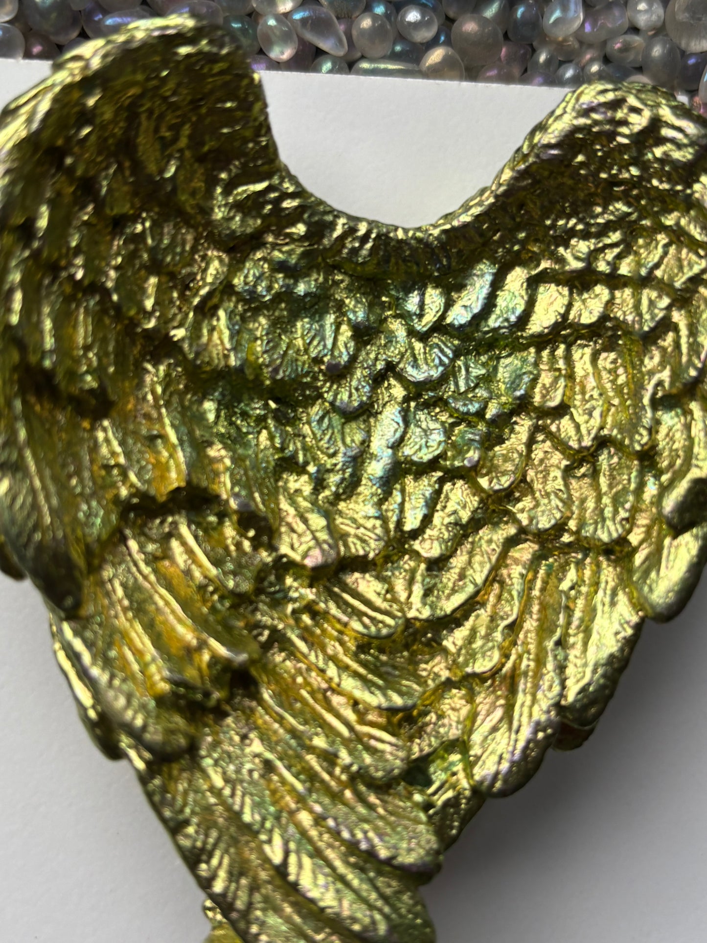 Green Gold Bismuth Crystal Angel Wing Dish / Sphere Holder Metal Art Sculpture