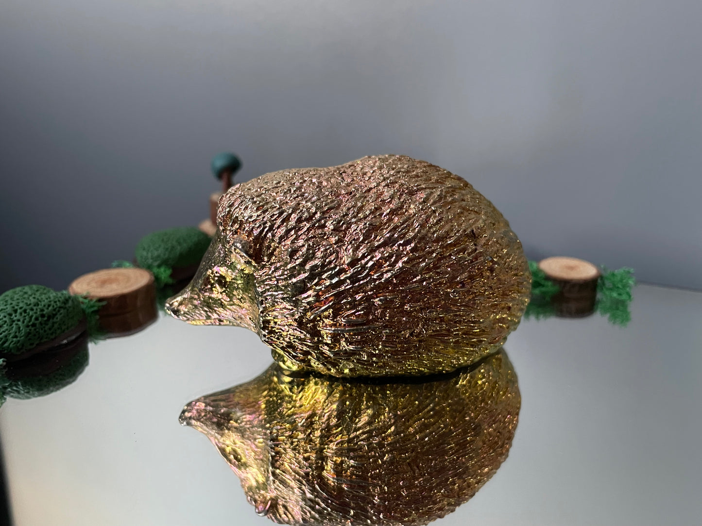 Peach Gold Bismuth Crystal Large Hedgehog Metal Art Sculpture
