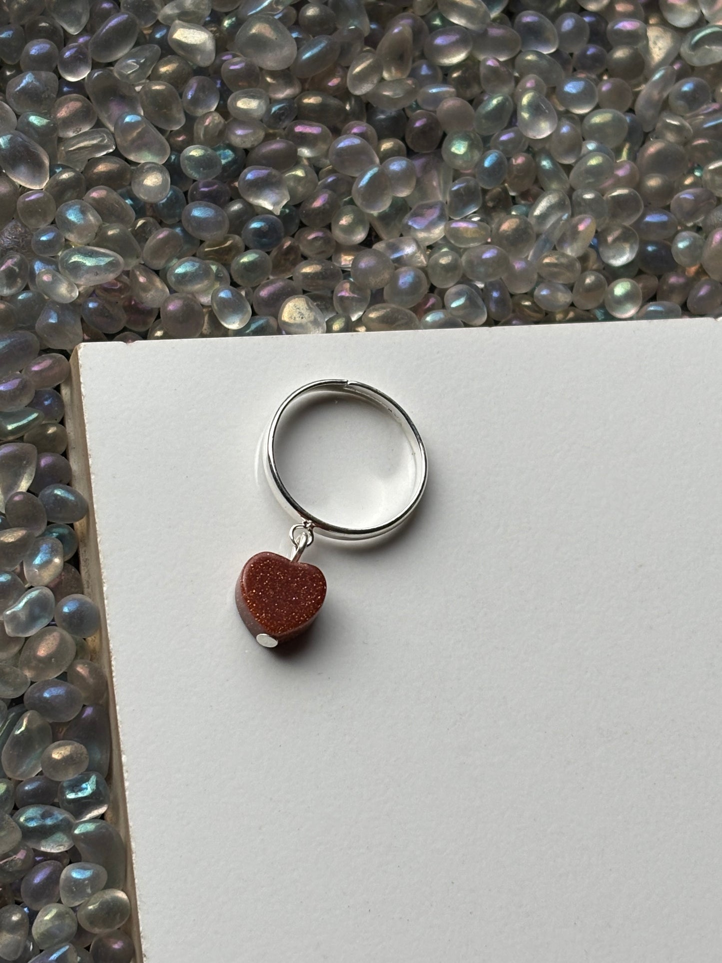 Goldstone Heart Crystal Carving Charm Silver Ring