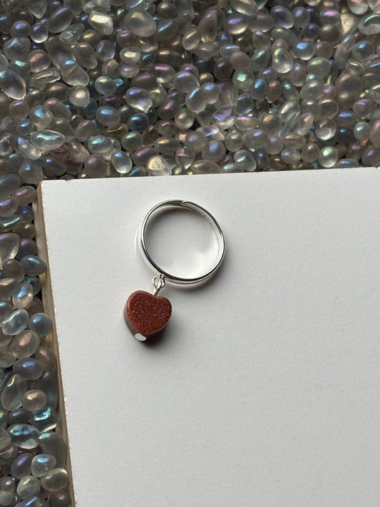Goldstone Heart Crystal Carving Charm Silver Ring