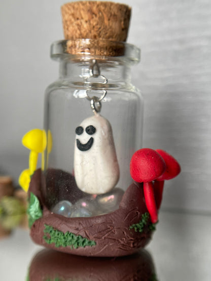 Happy Ghost In Mushroom Garden Clay Glass Vial Art