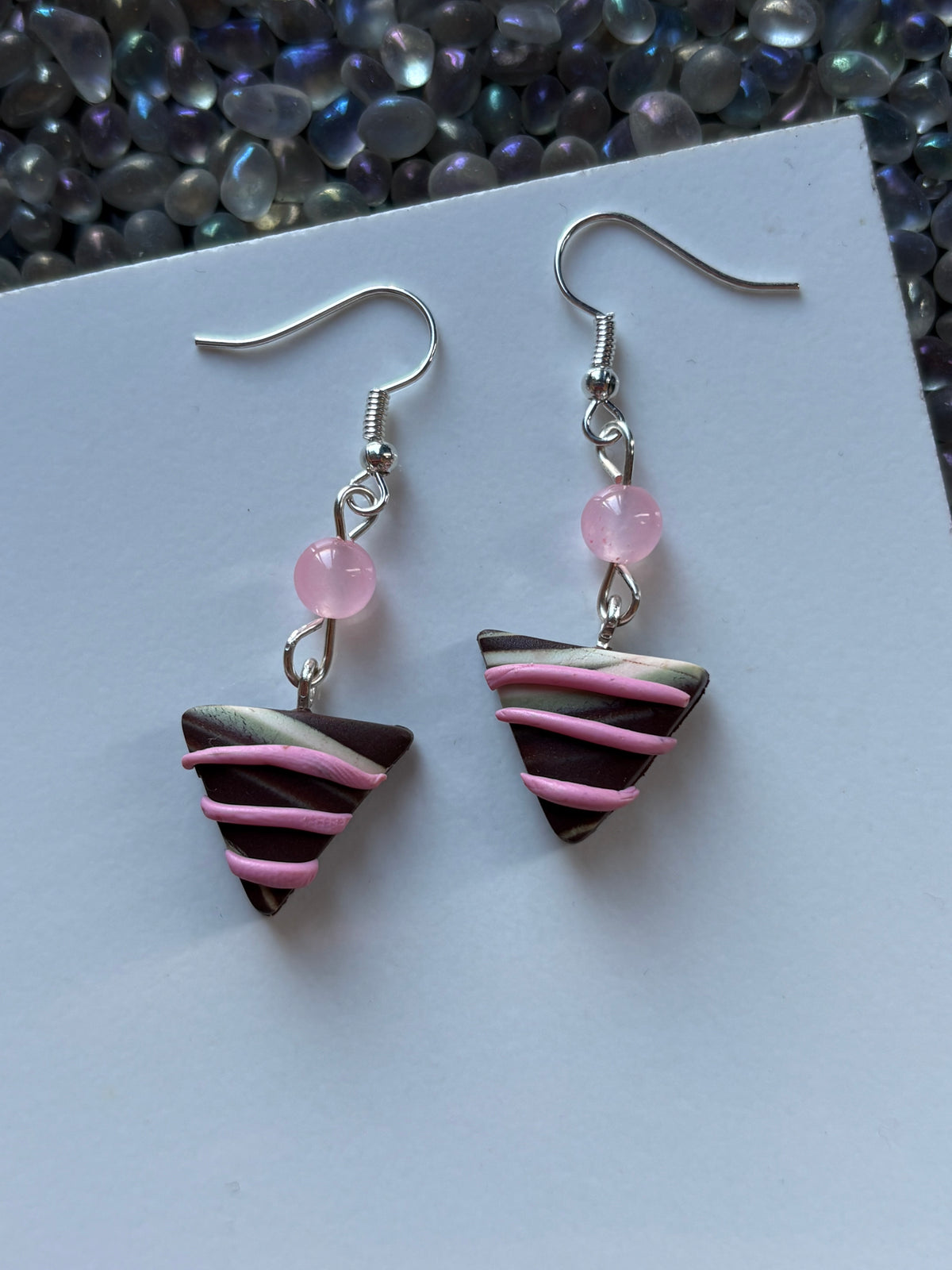 Chocolate Candy Triangle Clay & Pink Quartz Crystal Gemstone Silver Earrings