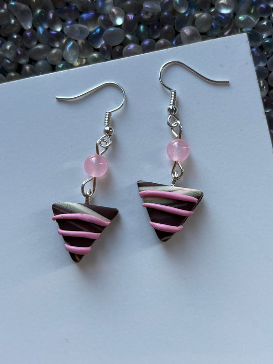 Chocolate Candy Triangle Clay & Pink Quartz Crystal Gemstone Silver Earrings