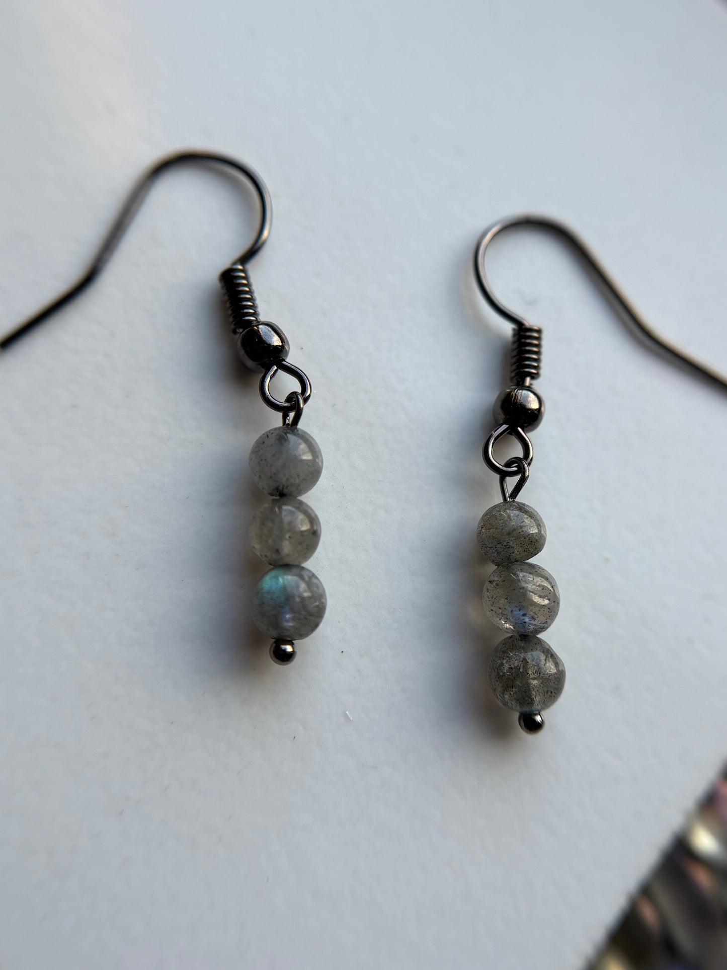 Labradorite Crystal Gemstone Black Metal Dainty Drop Earrings