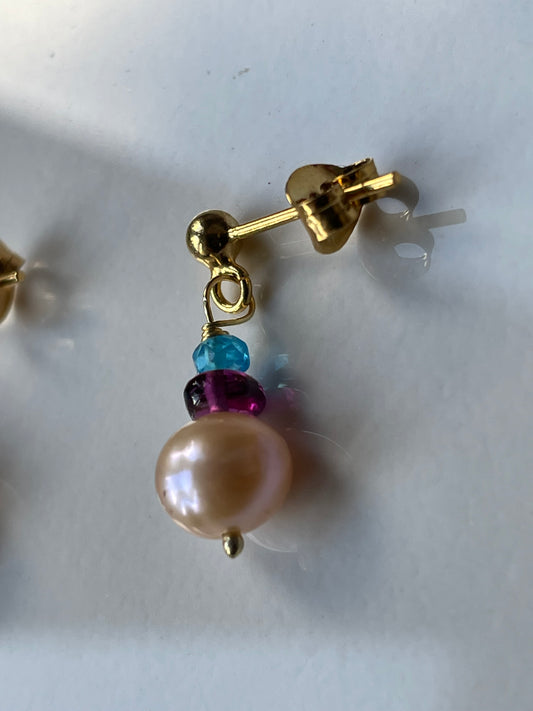 Peach Pearl Purple Umbalite Garnet & Neon Apatite Crystal Gemstone Dainty Gold Drop Earrings (Certified)