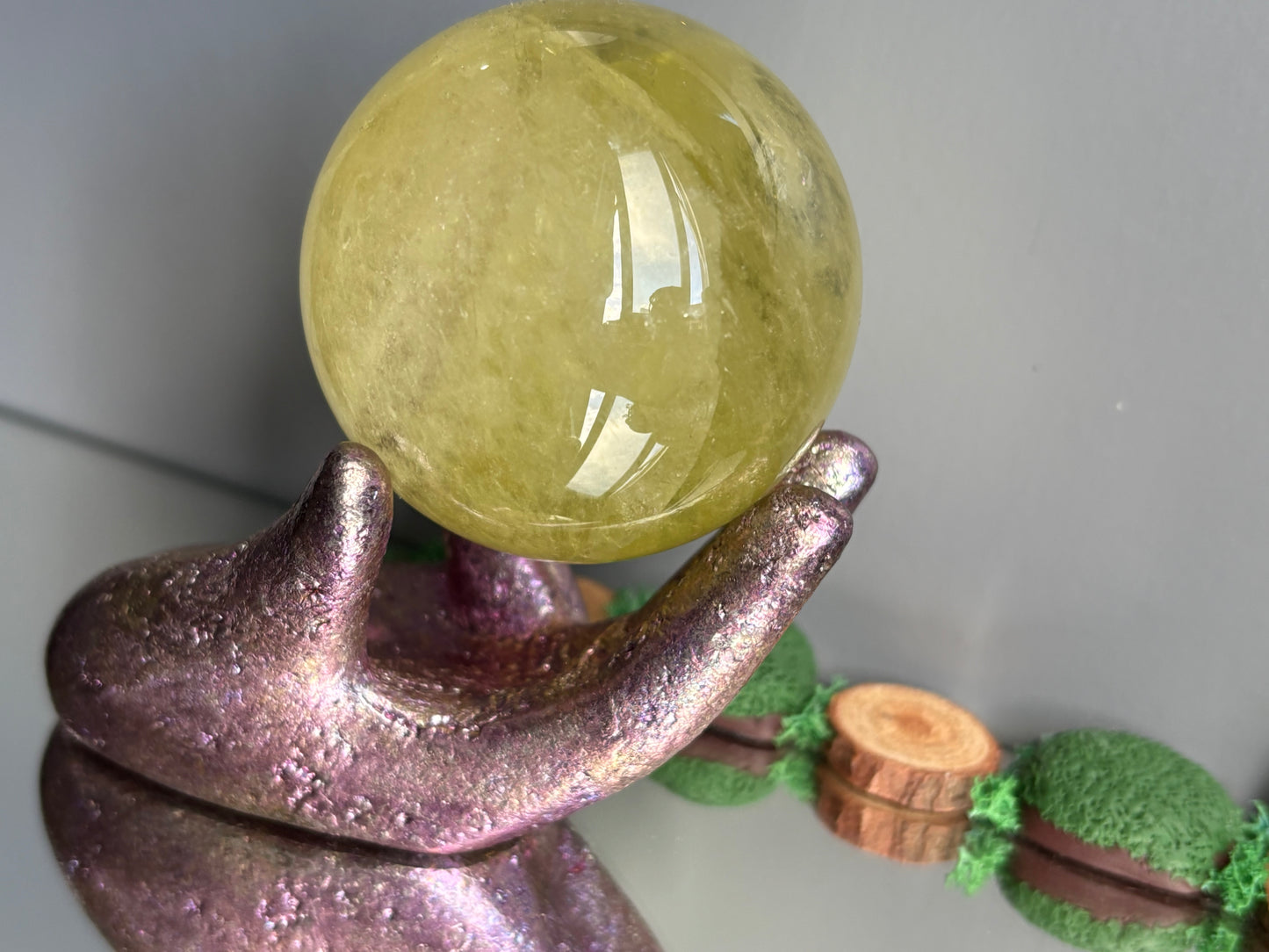 Pink Bismuth Crystal Hand Sphere Holder Metal Art Sculpture