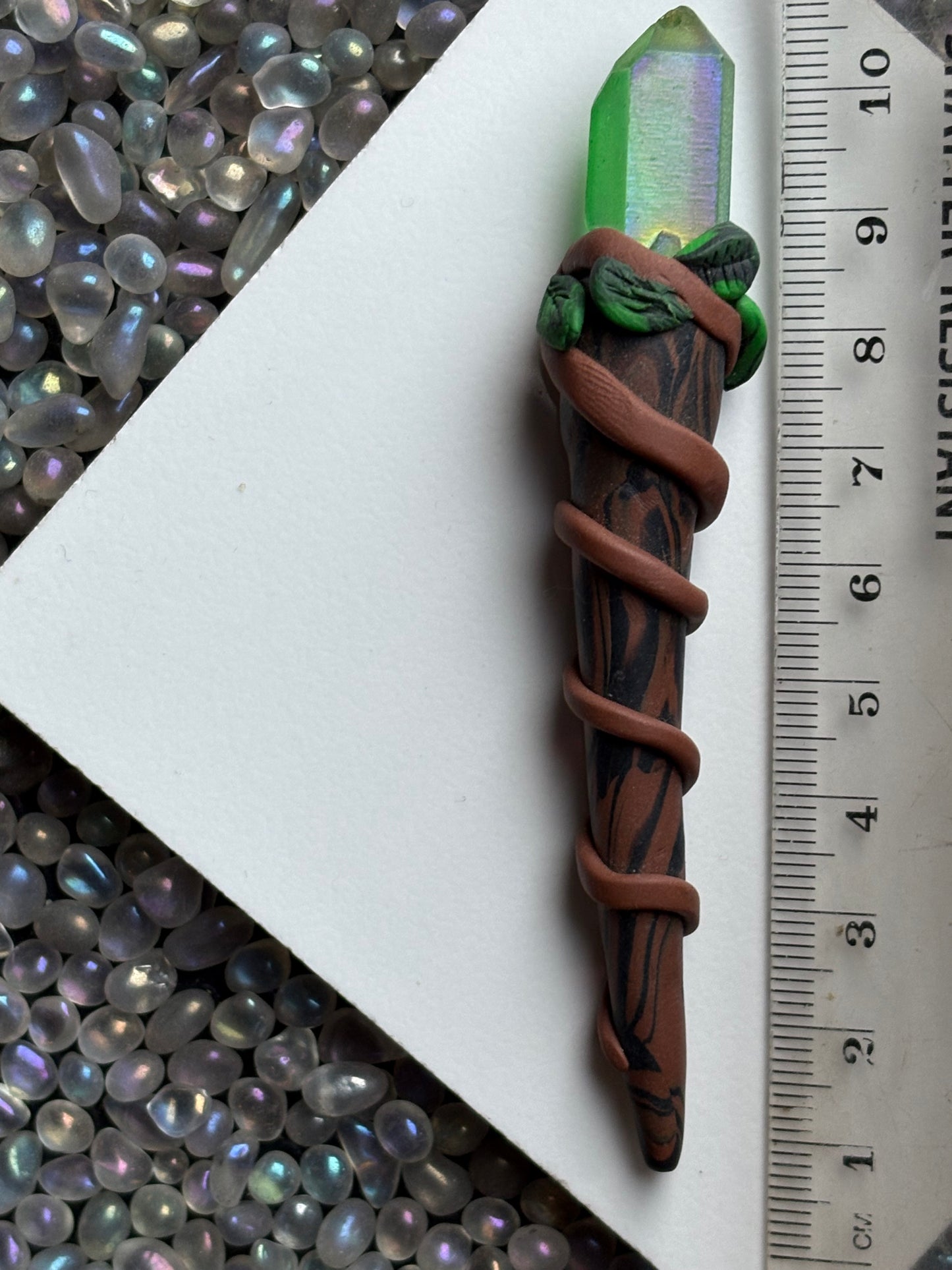 Apple Aura Quartz Crystal Gemstone Wooden Leaf Clay Wand