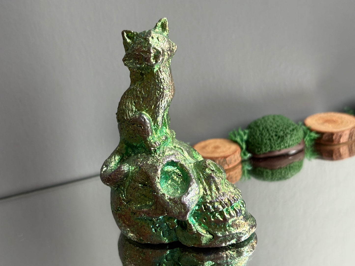 Teal Green Bismuth Crystal Cat on Skull Metal Art Sculpture