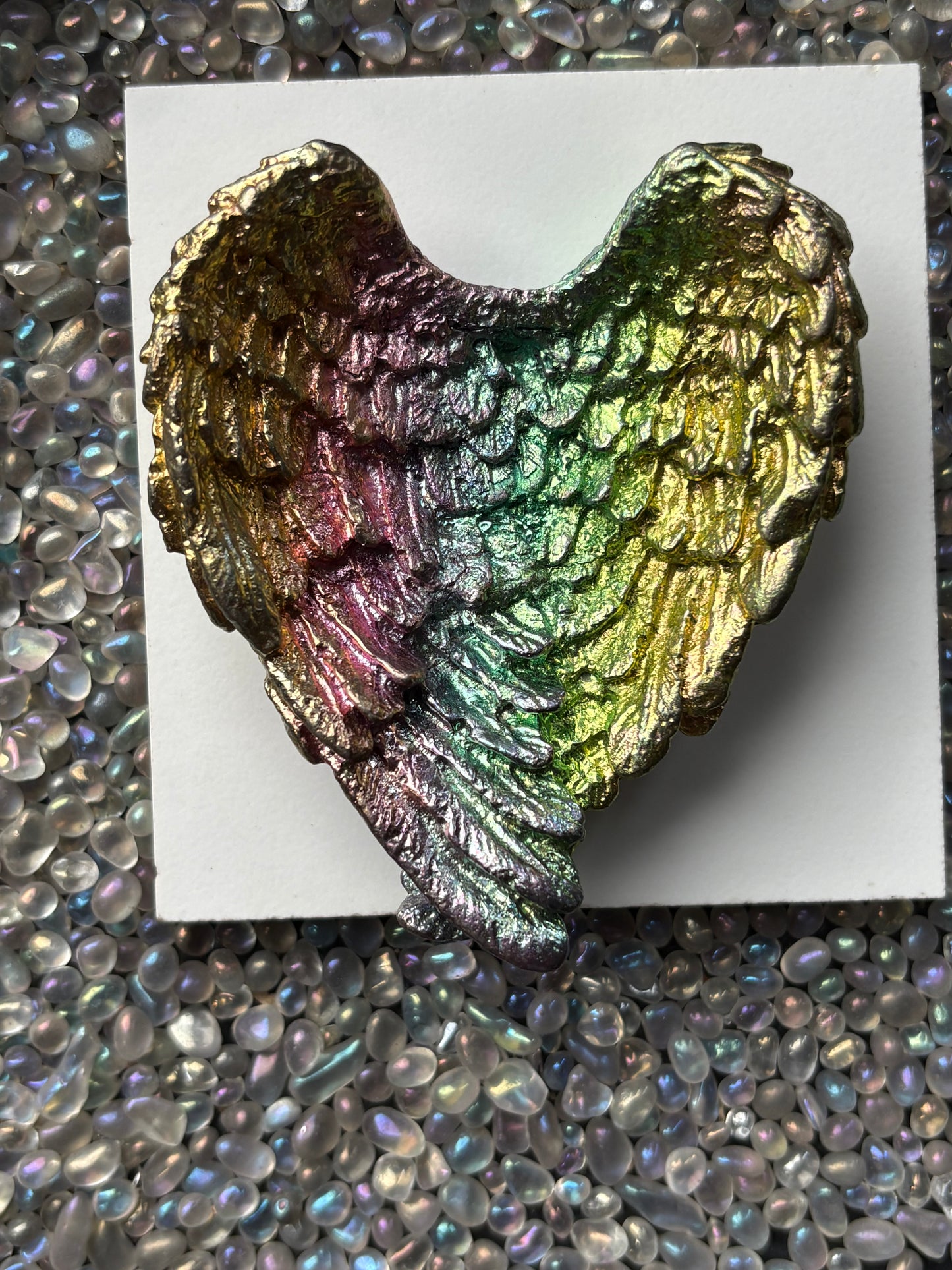 Rainbow Bismuth Crystal Angel Wing Dish / Sphere Holder Metal Art Sculpture