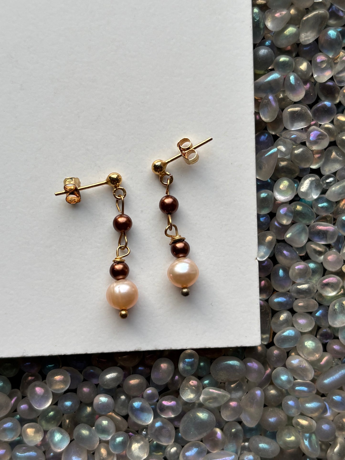 Chocolate & Peach Pearl Crystal Gemstone 18k Gold Sterling Silver Earrings (Certified)