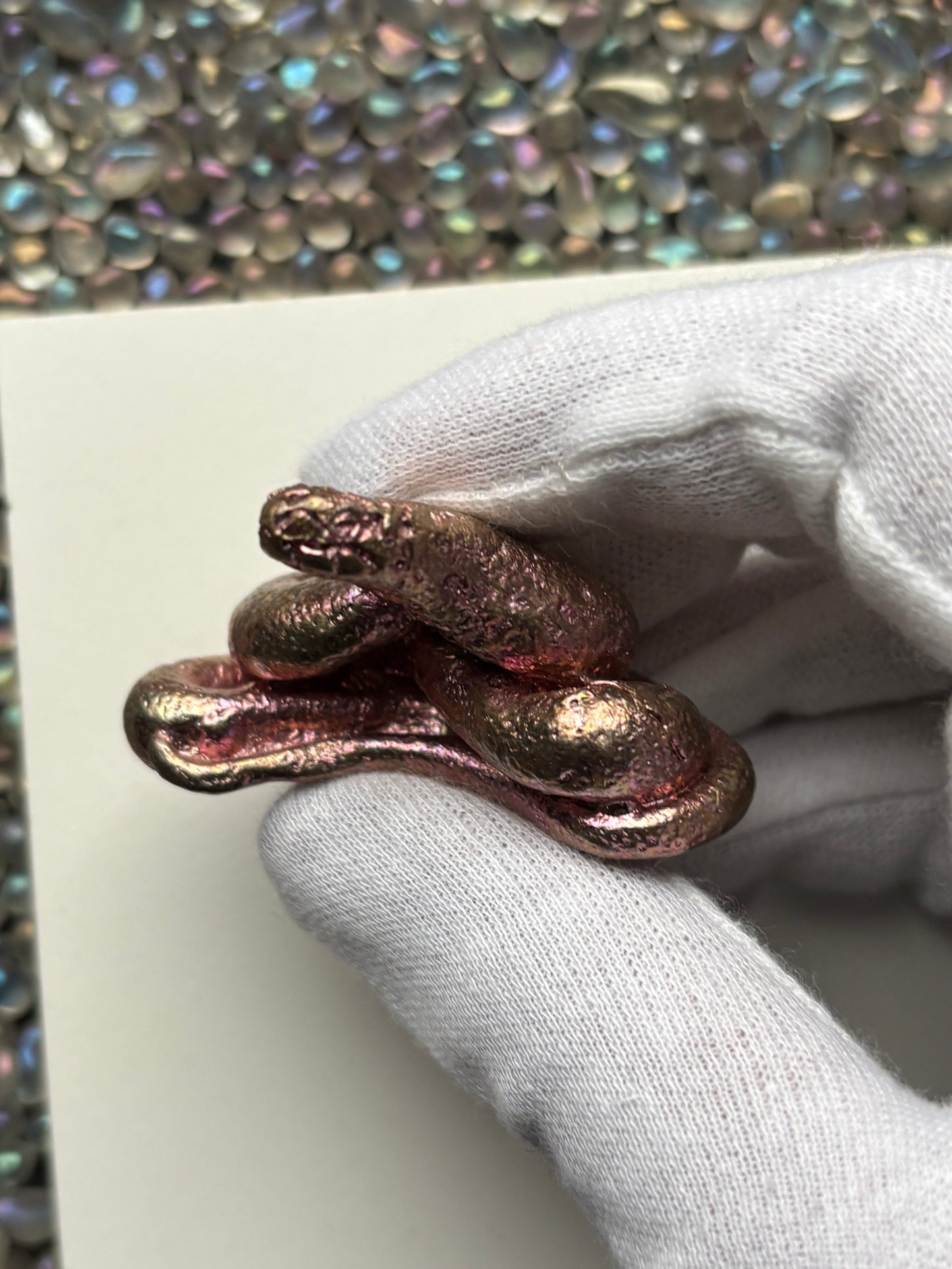 Pink Bismuth Crystal Coil Snake Metal Art Sculpture