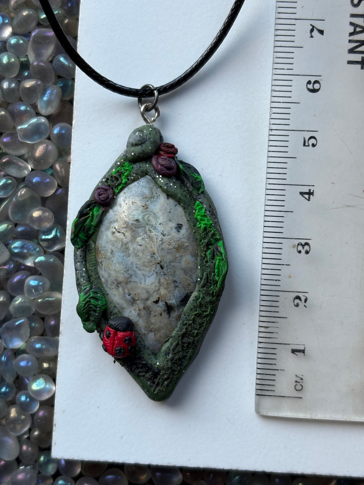 Ocean Jasper Gemstone Crystal Enchanted Garden - Ladybug Necklace - Oval