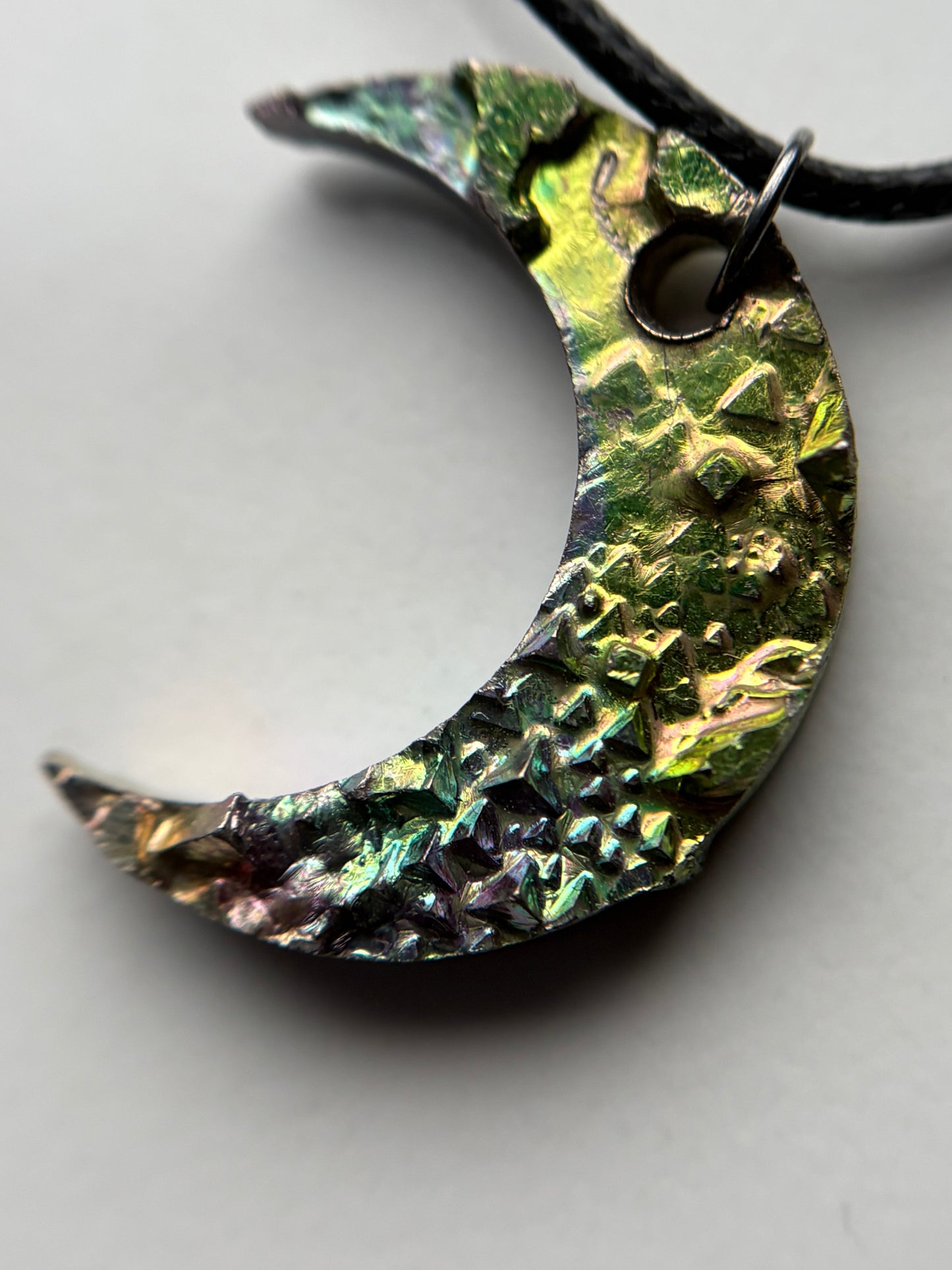 Rainbow Bismuth Crystal Moon Cut Out Metal Art Silver Drilled Necklace