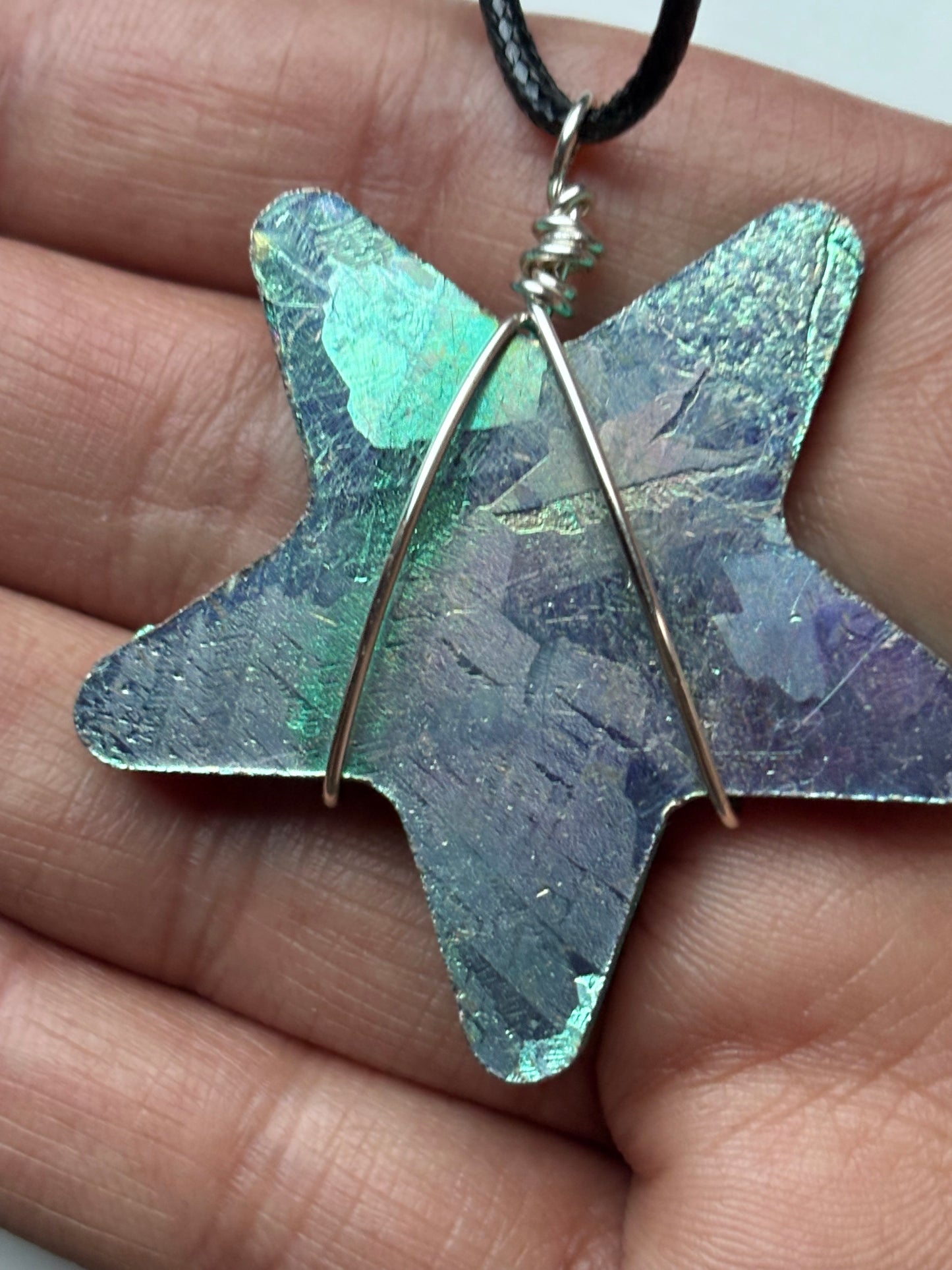 Teal Bismuth Crystal Star Cut Out Metal Art Cord Necklace