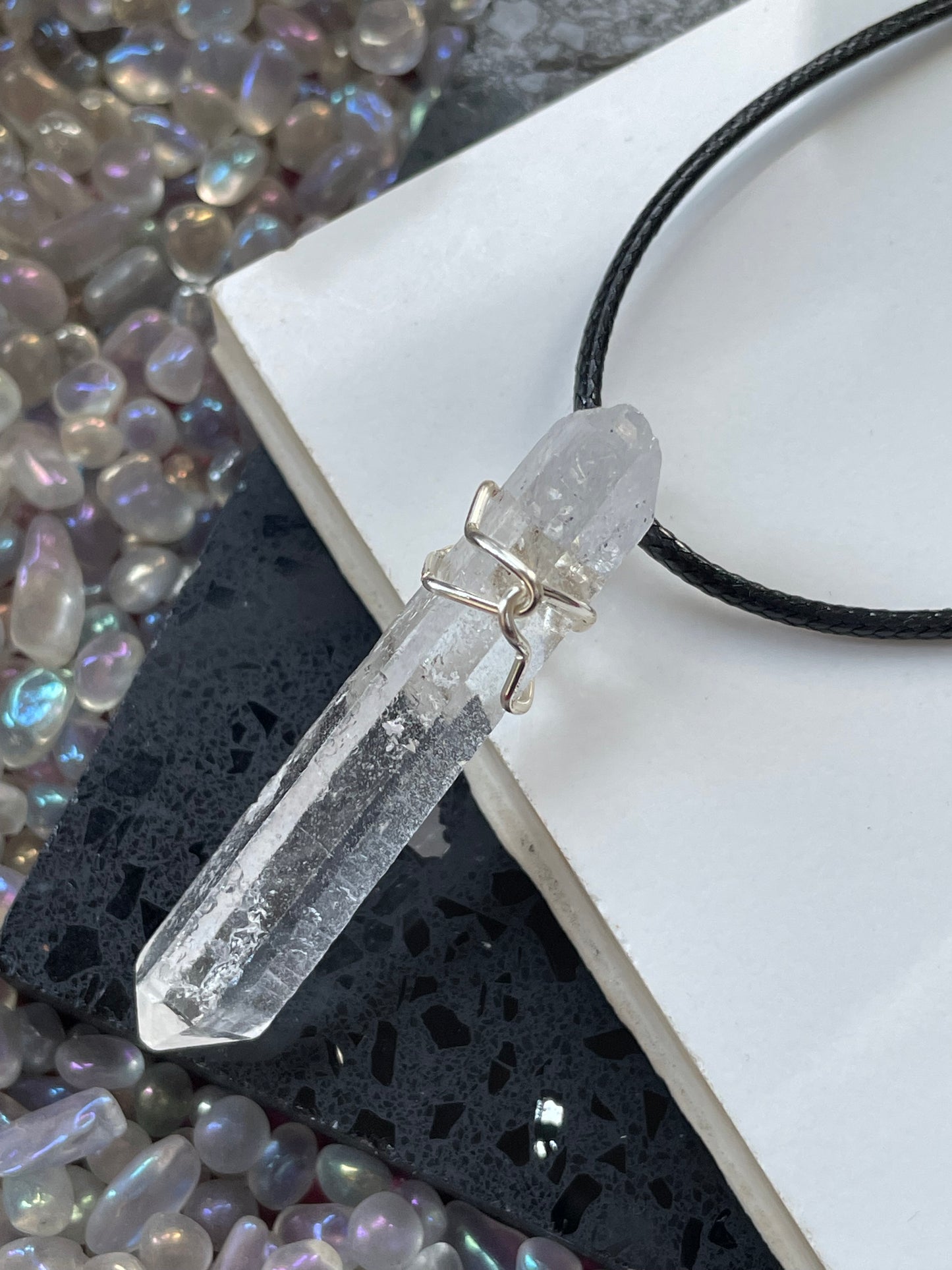 Lemurian Quartz Crystal Gemstone Wire Wrap Necklace - Silver