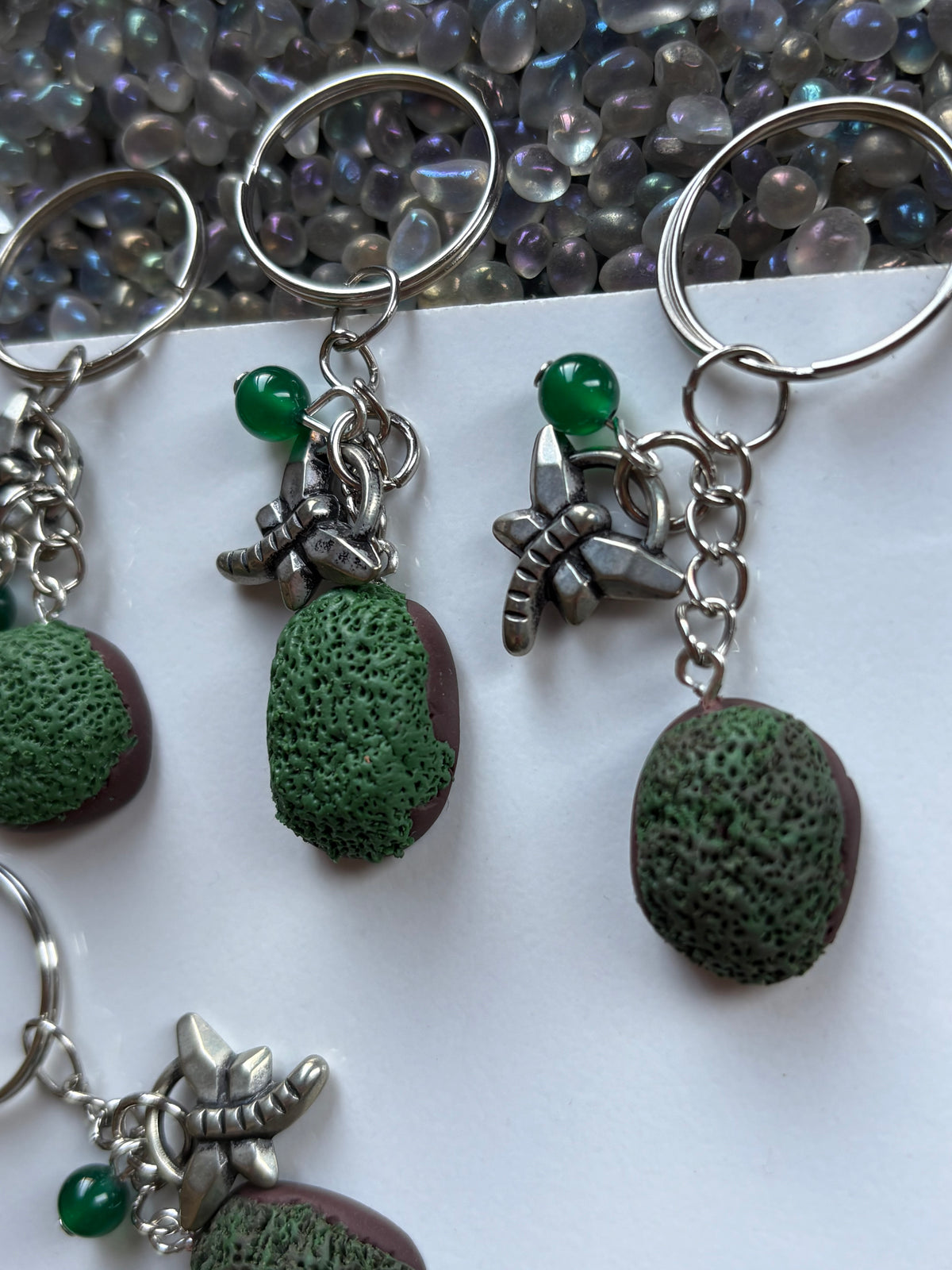 Enchanted Moss Ball Dragonfly & Green Quartz Crystal Gemstone Keychain