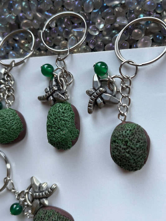 Enchanted Moss Ball Dragonfly & Green Quartz Crystal Gemstone Keychain