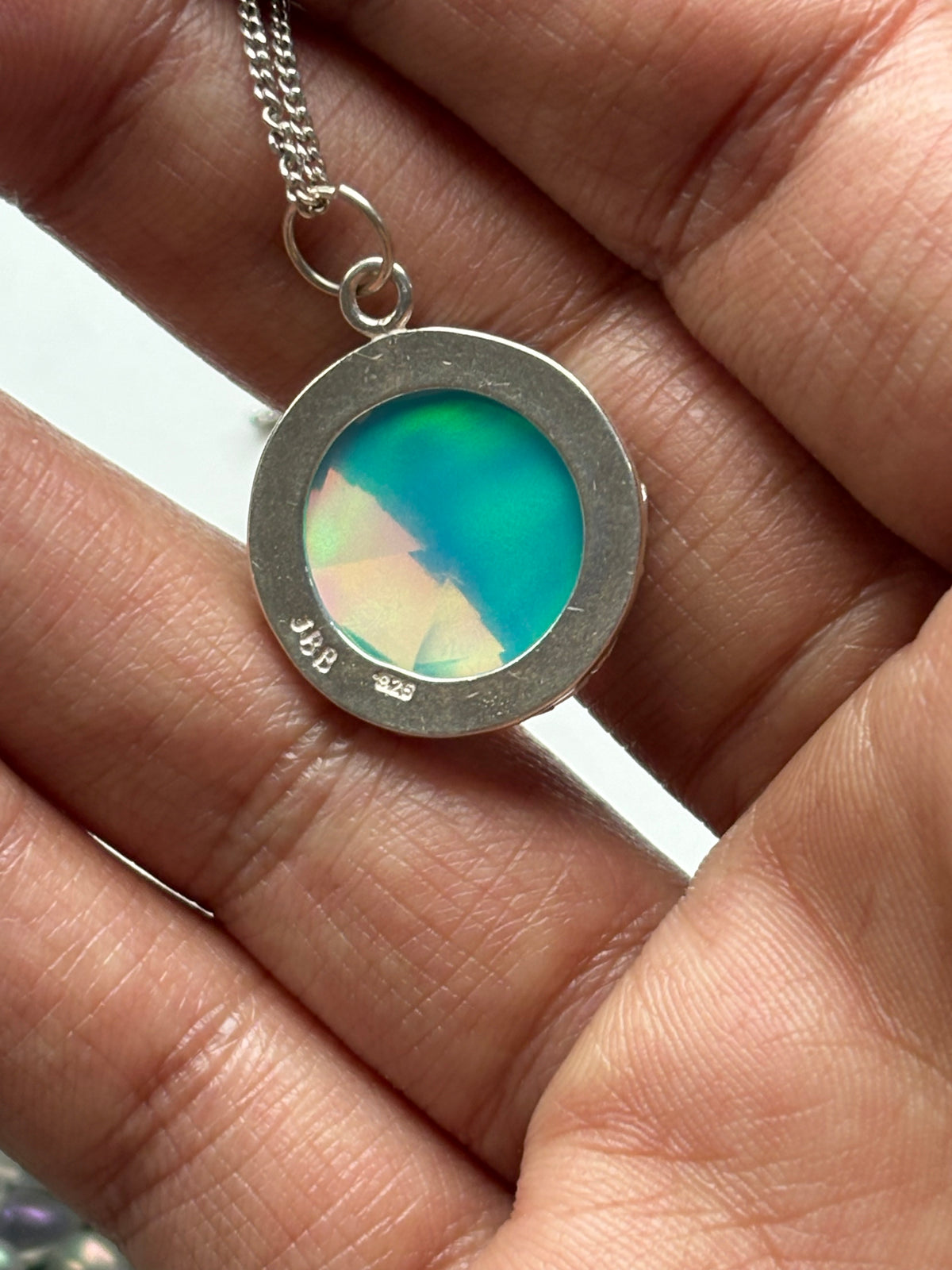 Aurora Opal Doublet Crystal Gemstone Hexagonal Leaf Bezel 925 Sterling Silver Necklace