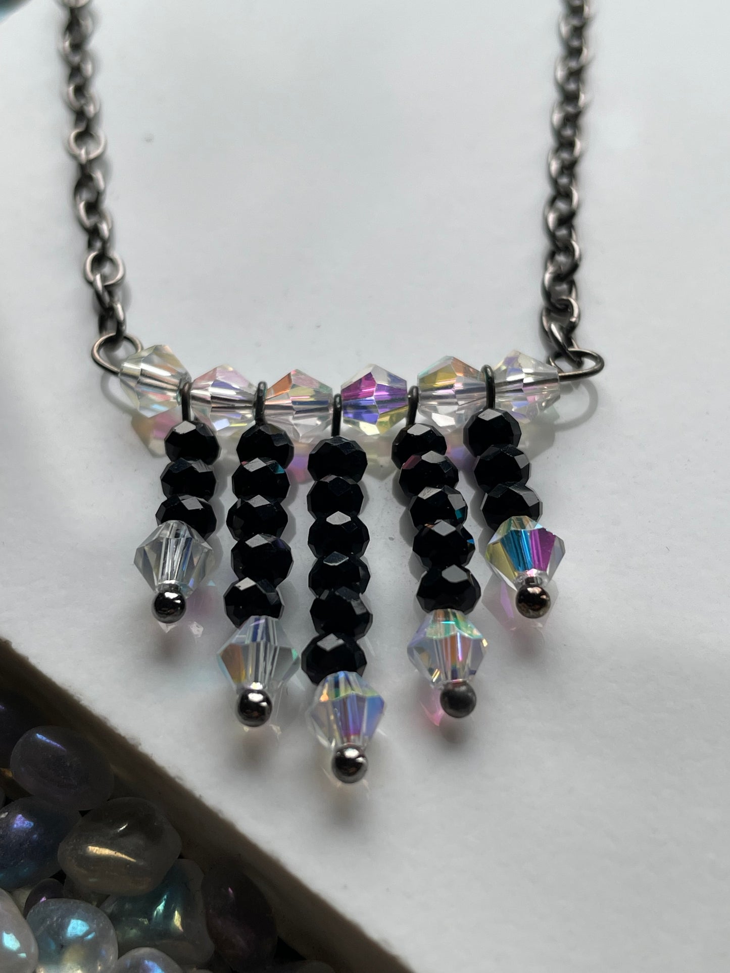 Black Spinel Gemstone & AB Swarovski Crystal Waterfall Necklace Set