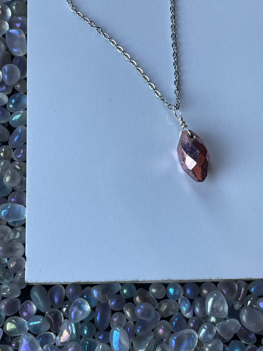 Pink Pyrite Crystal Gemstone Faceted Drop Necklace (Certified)