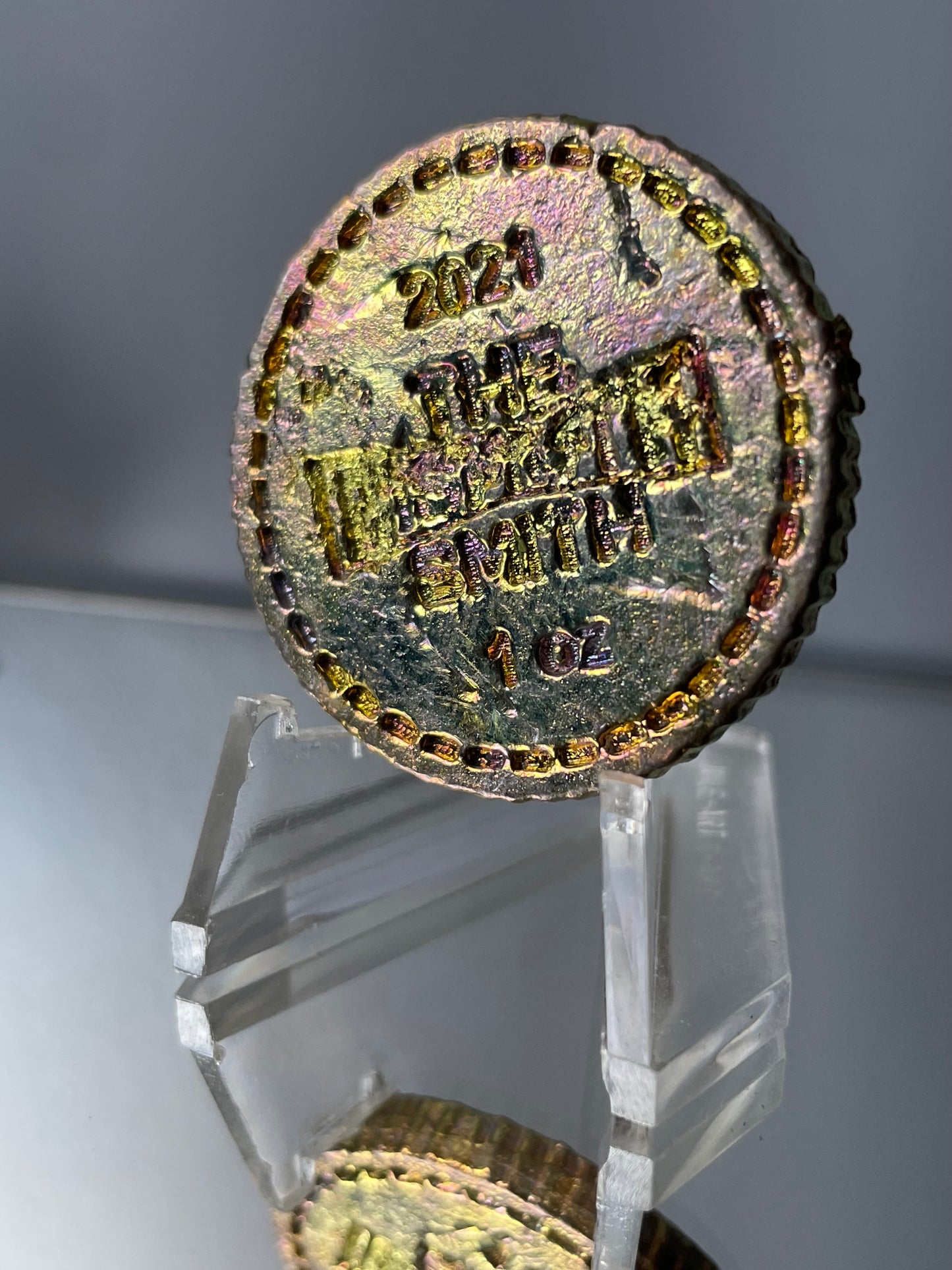 Gold Bismuth Crystal Om Coin Metal Art Sculpture
