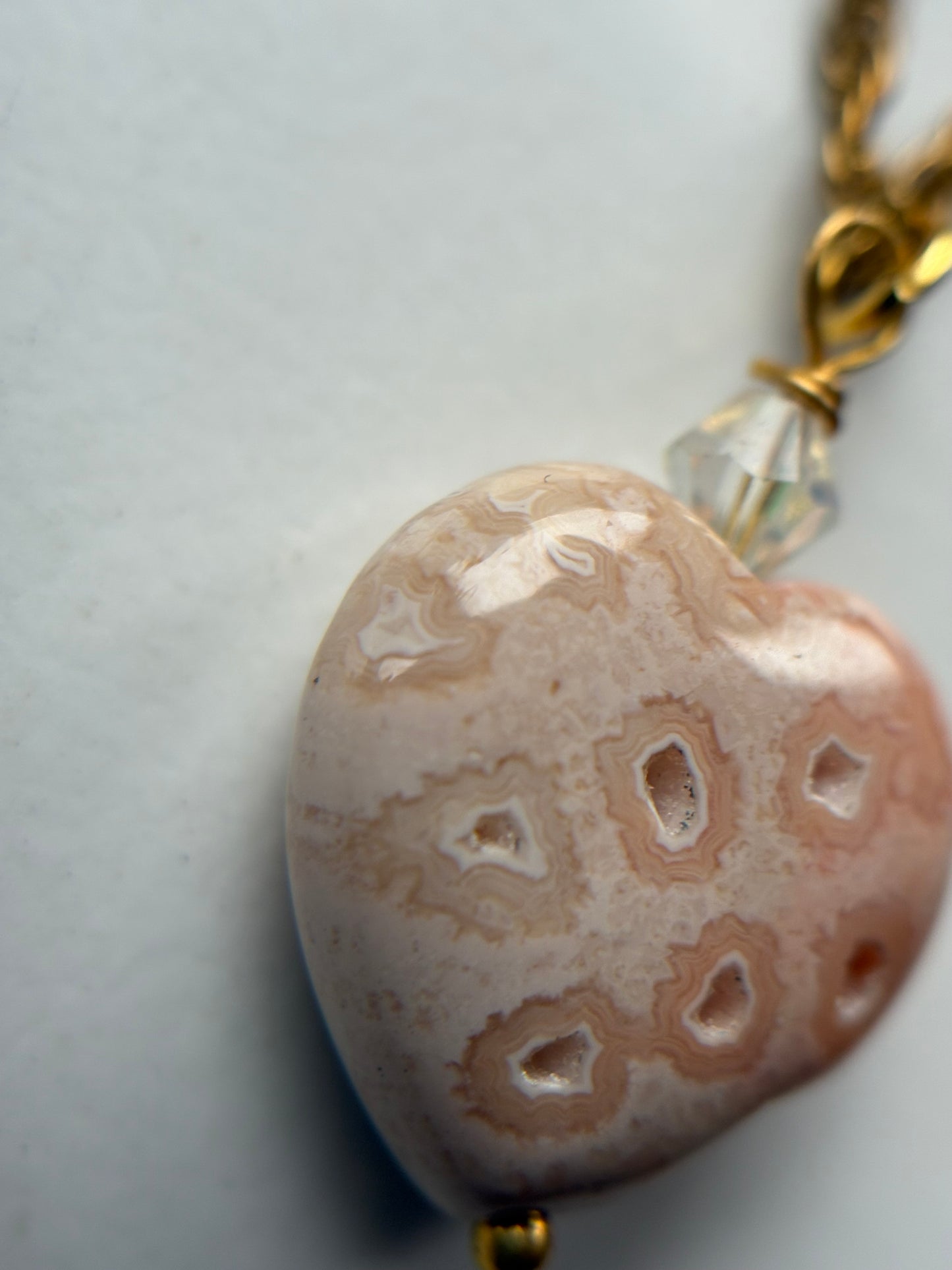Peach Agate Druzy Coral Fossil Crystal Gemstone Heart Carving Necklace