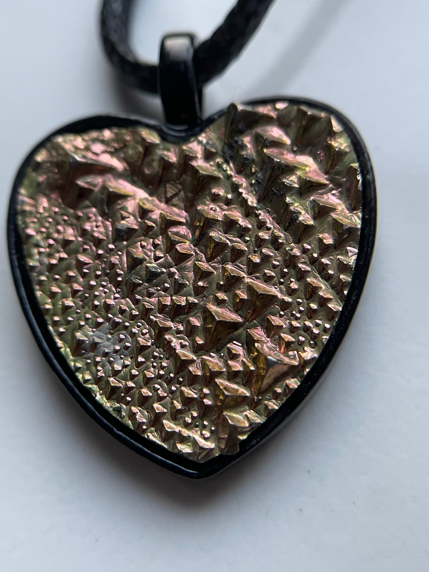Peach Bismuth Heart Crystal Metal Art Cord Necklace