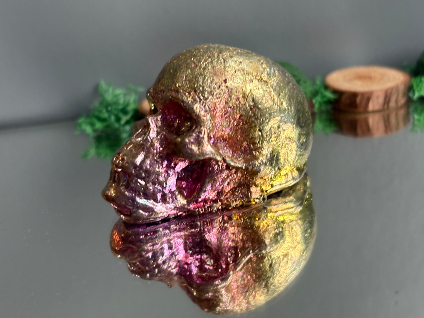 Gold Pink Bismuth Crystal Small Skull Metal Sculpture