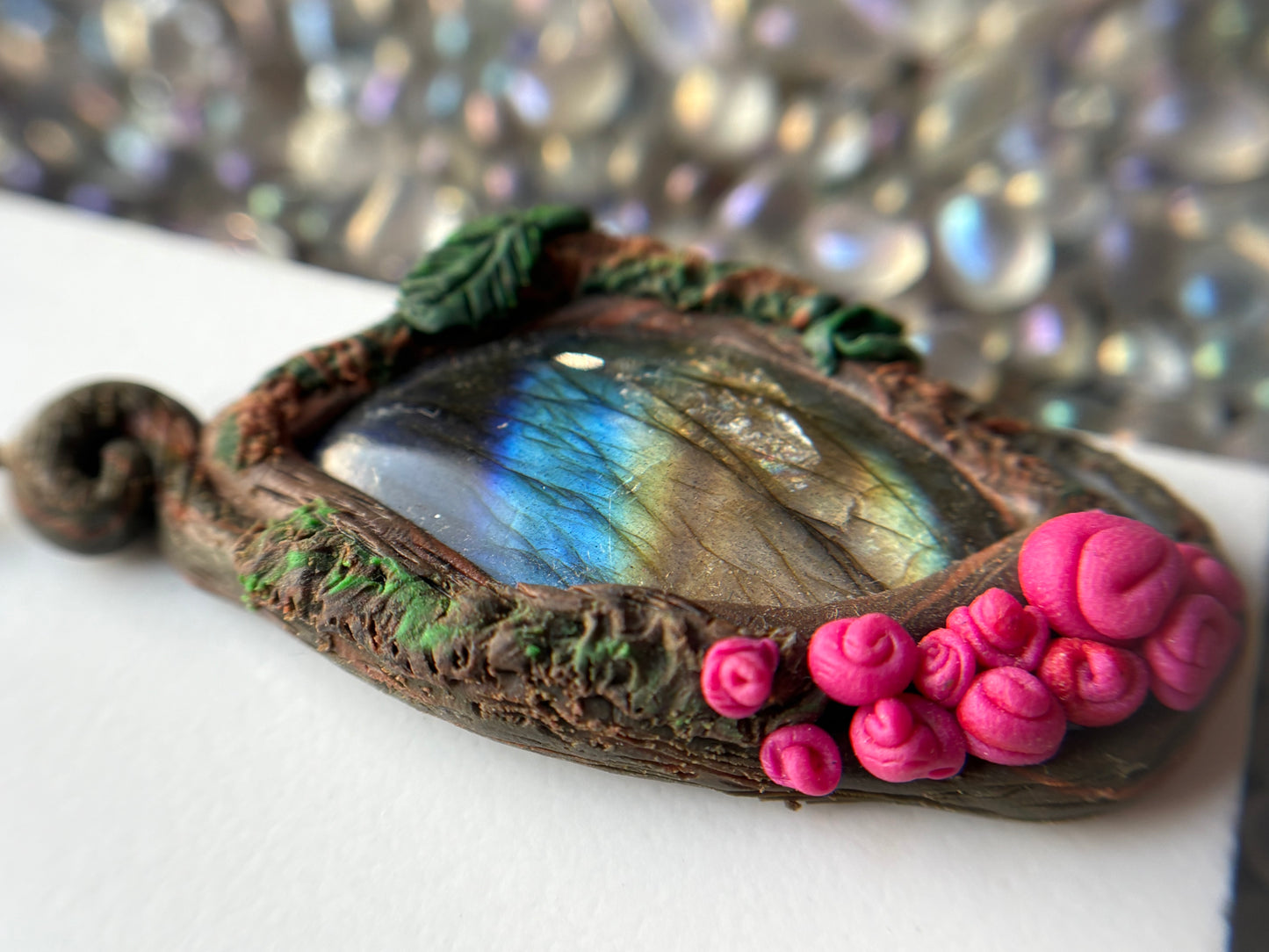 Labradorite Crystal Gemstone Enchanted Rose Clay Pendant Necklace