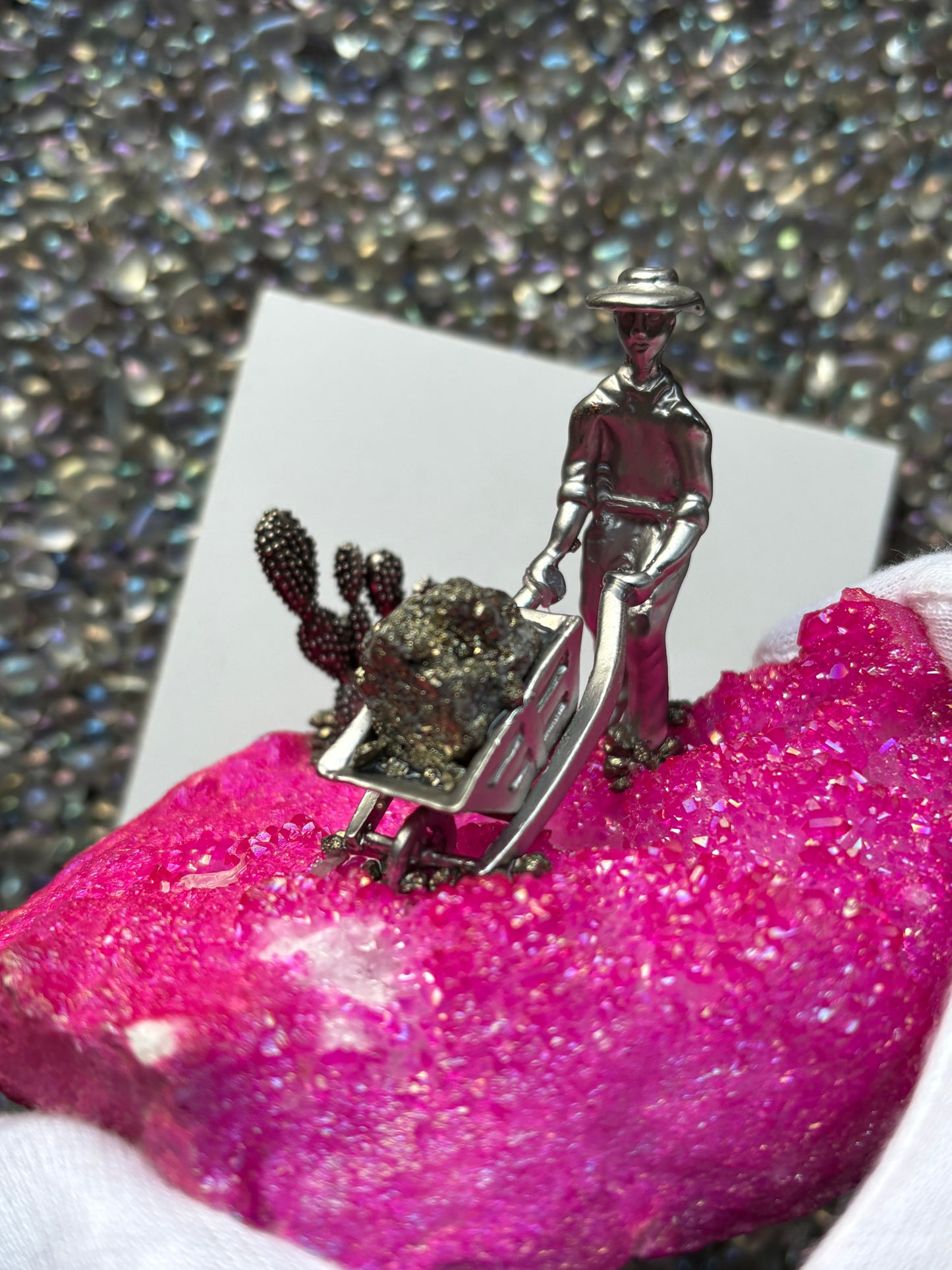 Hot Pink Aura Quartz & Pyrite Crystal Gemstone Miner Cluster - Large