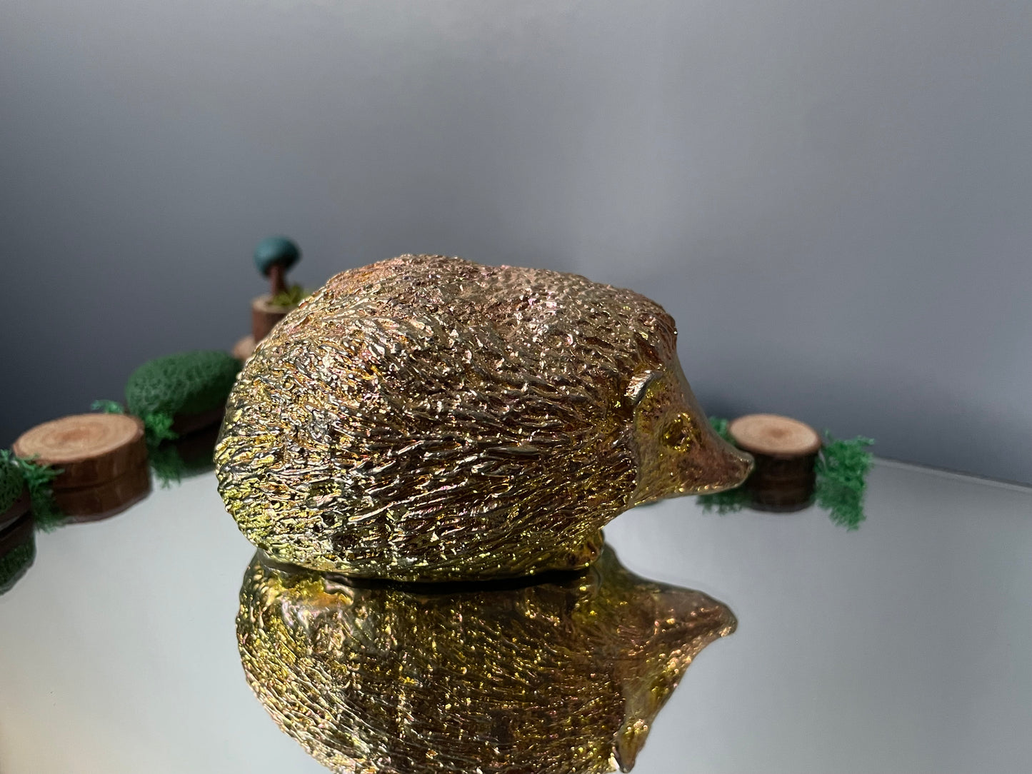 Peach Gold Bismuth Crystal Large Hedgehog Metal Art Sculpture