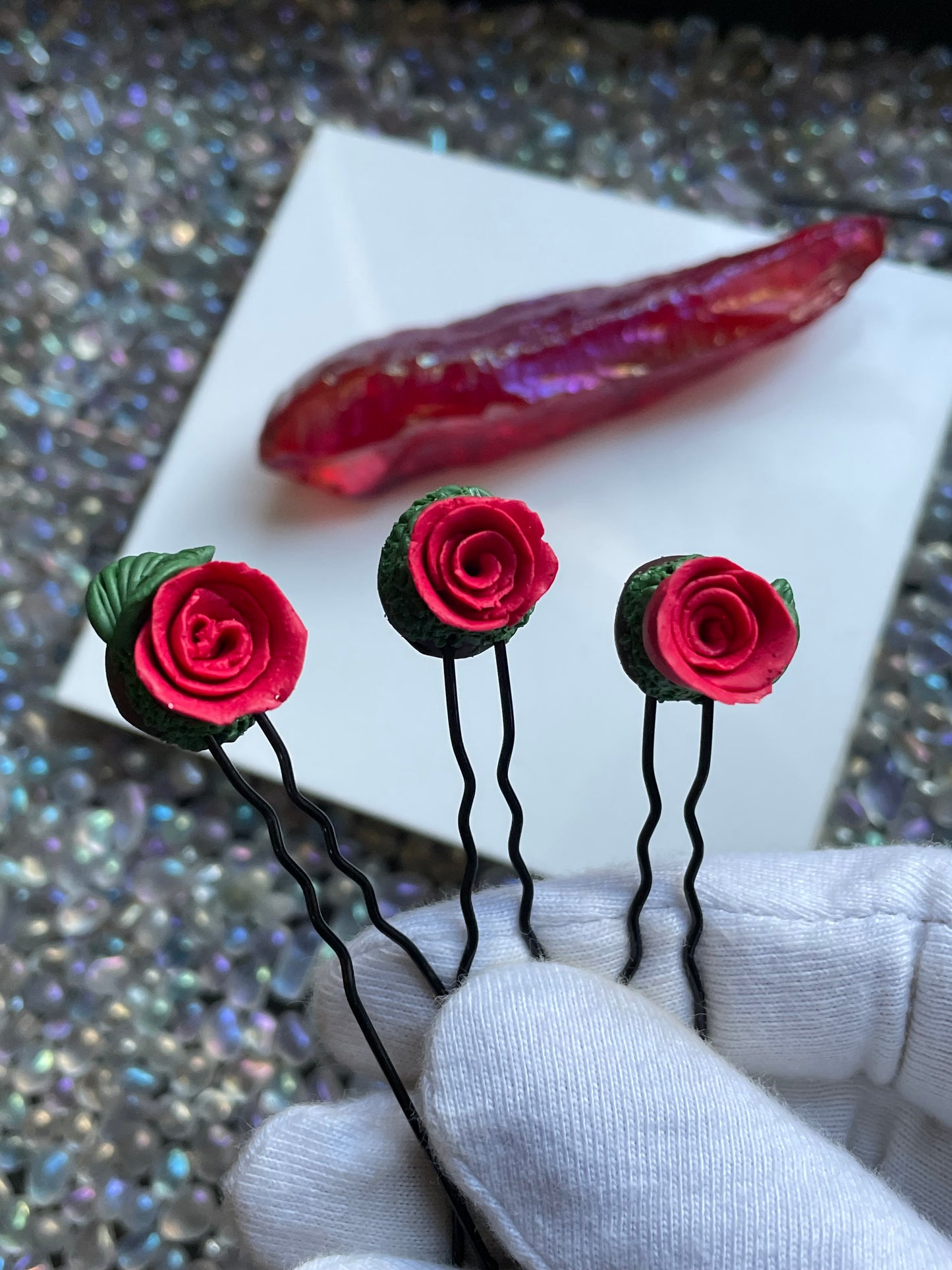 Enchanted Forest Rose Hair Pin Set - Red Glitter
