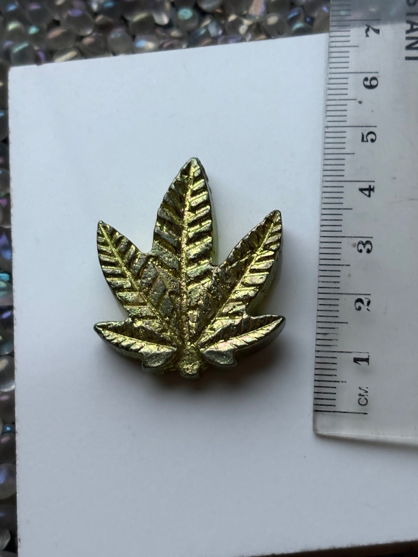 Lime Gold Colour Bismuth Crystal Pot Leaf Sculpture