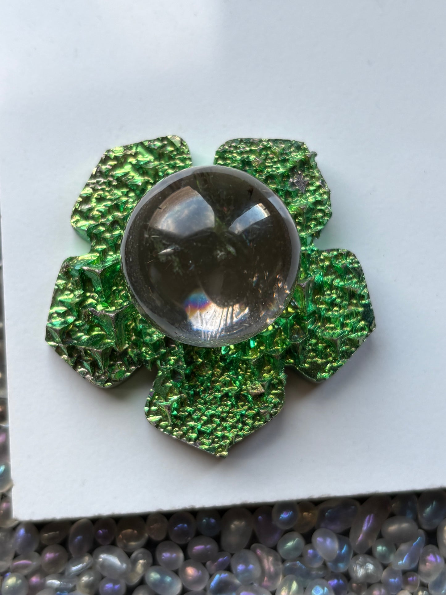 Green Bismuth Crystal Hippie Flower Slice Cut Out Sphere Holder
