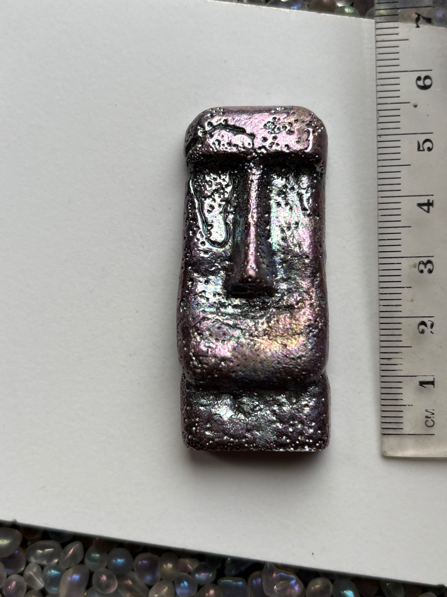 Purple Bismuth Crystal Moai Head Easter Island Metal Art Sculpture