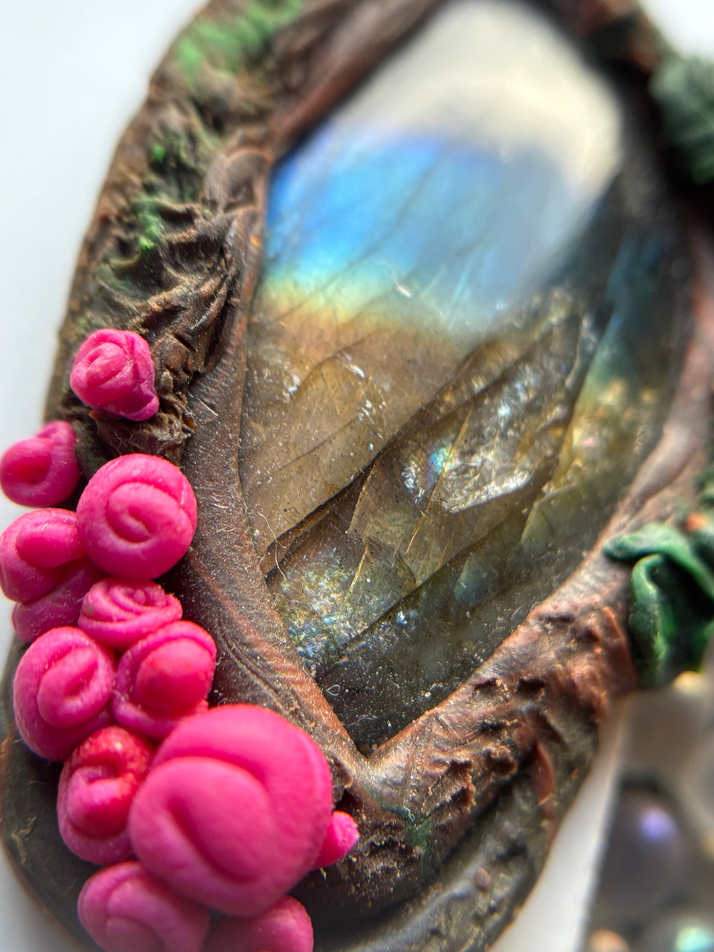 Labradorite Crystal Gemstone Enchanted Rose Clay Pendant Necklace