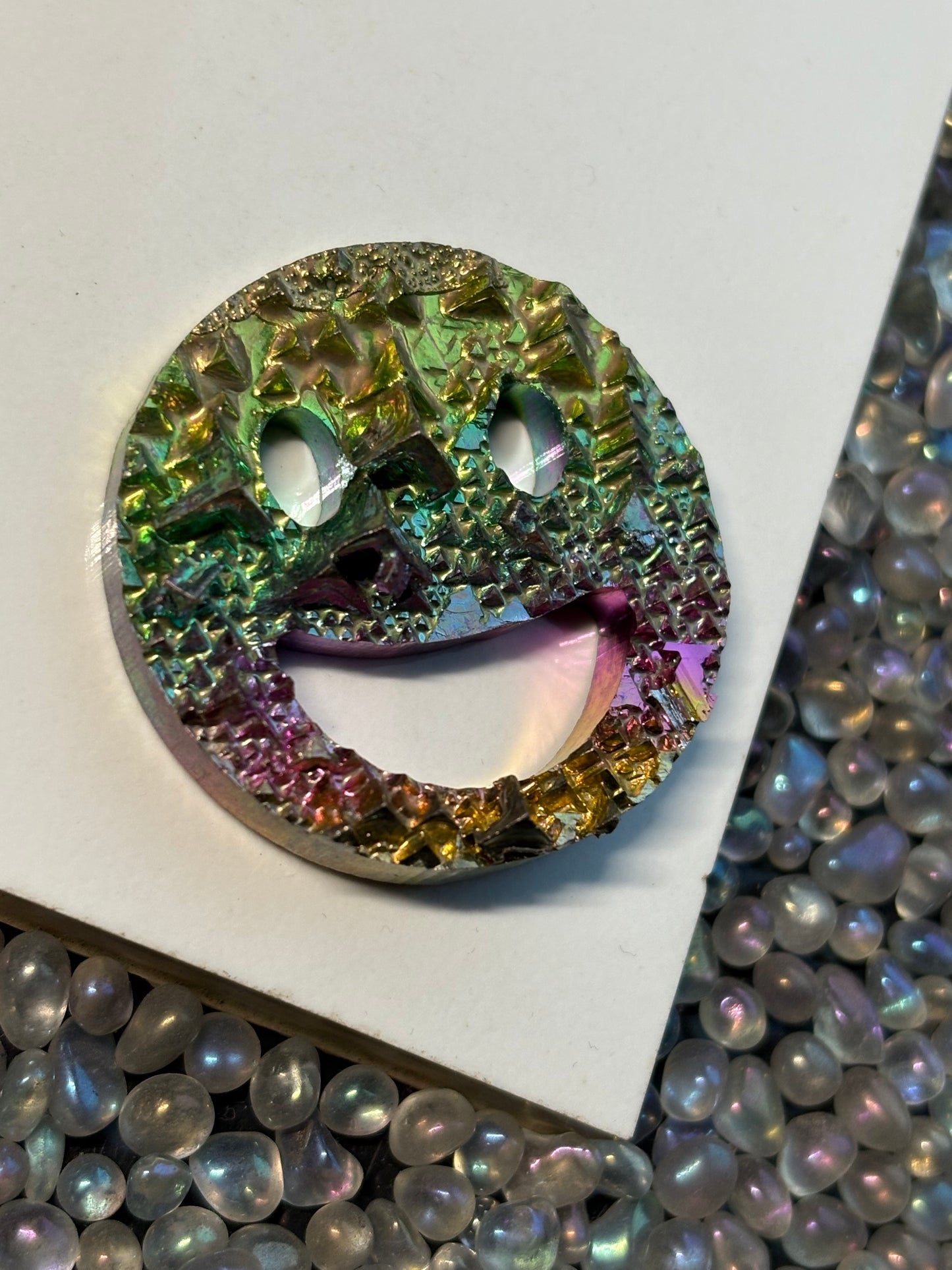 Rainbow Bismuth Crystal Smiley Face Cut Out Metal Art (C)